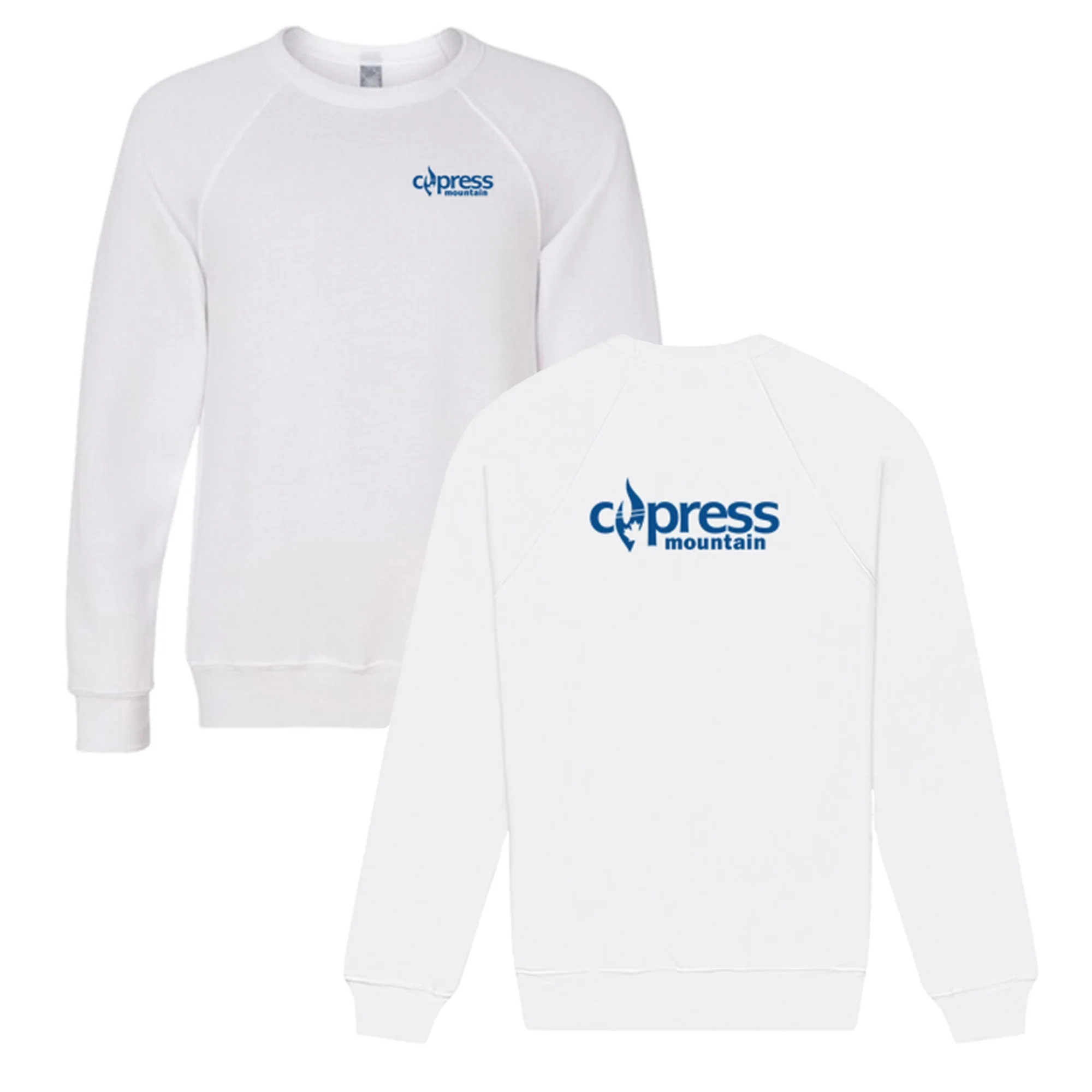 Cypress Adult Crewneck Blue Chest and Back Logo White