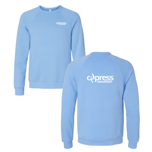 Cypress Adult Crewneck White Chest and Back Logo Carolina Blue
