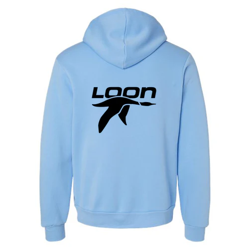 Loon Mountain Adult Hoodie Black Chest and Back Logo Carolina Blue - Image 4