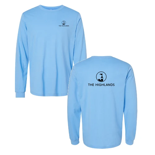 The Highlands Adult Long Sleeve Black Chest and Back Logo Carolina Blue
