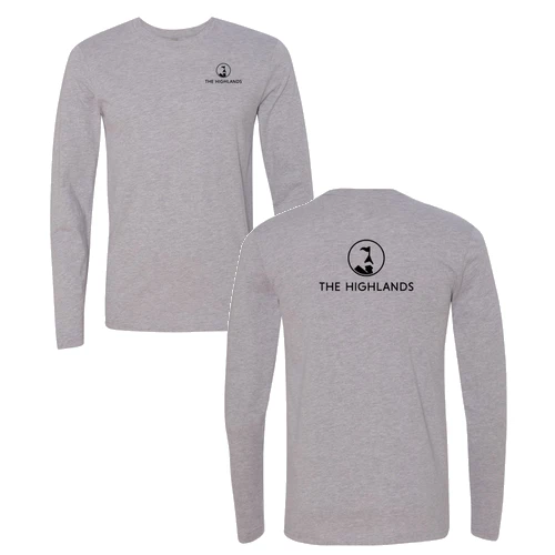 The Highlands Adult Long Sleeve Black Chest and Back Logo Heather Grey