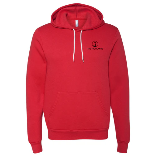 The Highlands Adult Hoodie Black Chest and Back Logo Red - Image 2