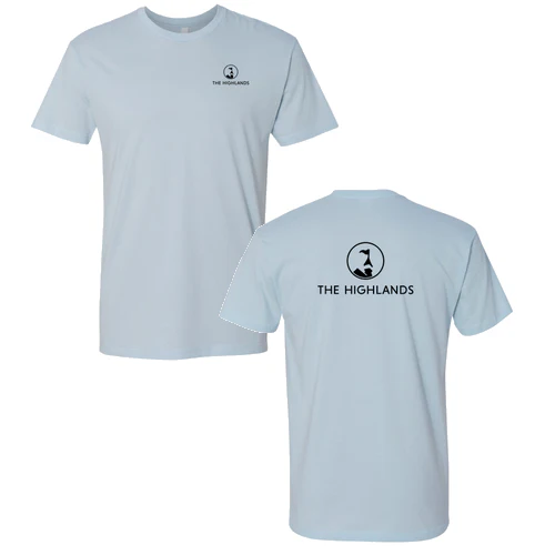 The Highlands Adult T-Shirt Black Chest and Back Logo Light Blue