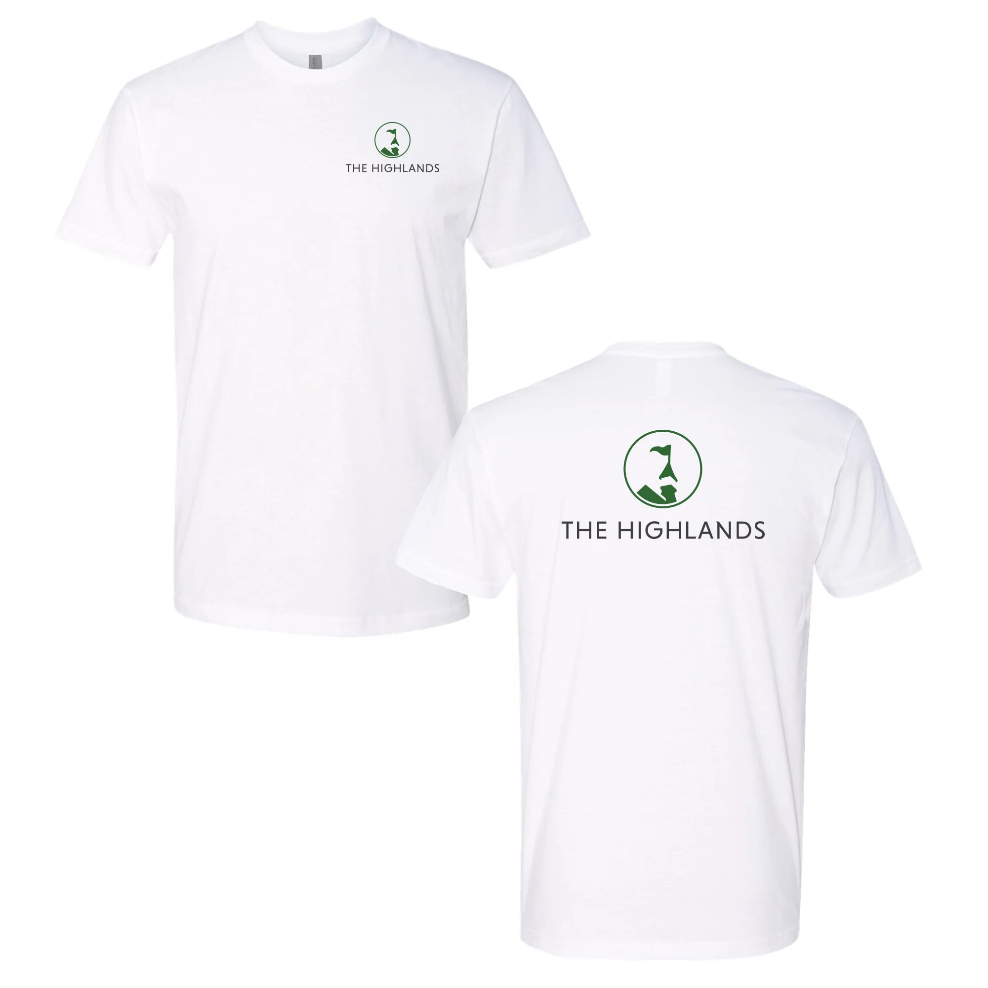 The Highlands Adult T-Shirt Full Color Chest and Back Logo White