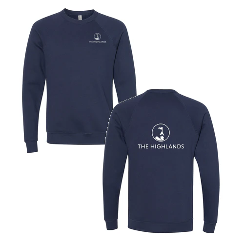 The Highlands Adult Crewneck White Chest and Back Logo Navy