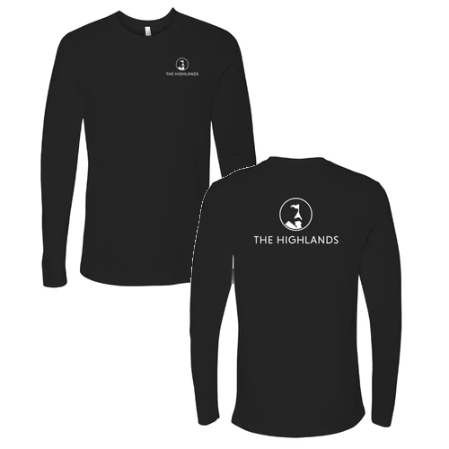 The Highlands Adult Long Sleeve White Chest and Back Logo Black
