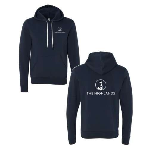 The Highlands Adult Hoodie White Chest and Back Logo Navy