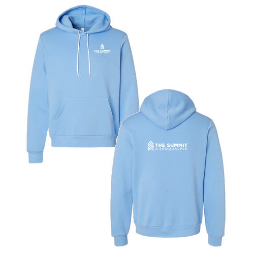 The Summit at Snoqualmie Adult Hoodie White Chest and Back Logo Carolina Blue